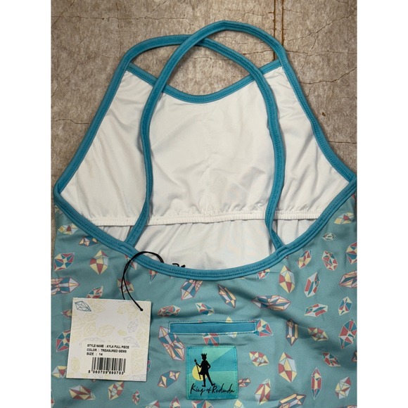 King of Redonda Girls One-Piece Swimsuit Size 14 Blue Geometric Criss Cross NWT - Picture 4 of 8
